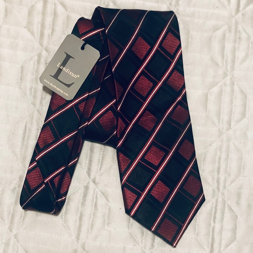 NEW Red-Gray Plaid/Stripe Silk Tie